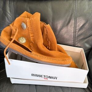 Minnetonka Suede Moccasins with Fringe and Button Detail
